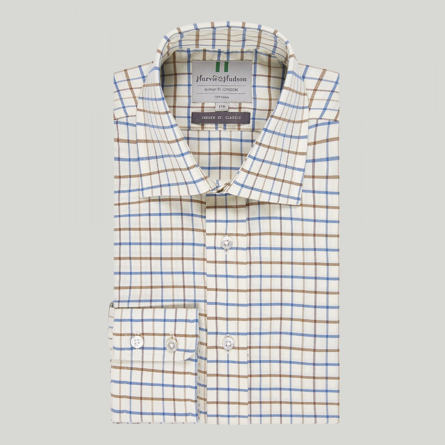 BEIGE WITH RED AND BLUE CHECK BUTTON CUFF COUNTRY SHIRT