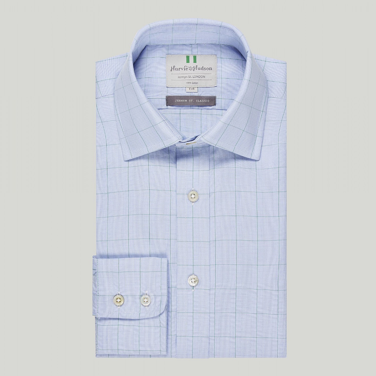 BLUE WITH GREEN PRINCE OF WALES CHECK BUTTON CUFF CLASSIC SHIRT