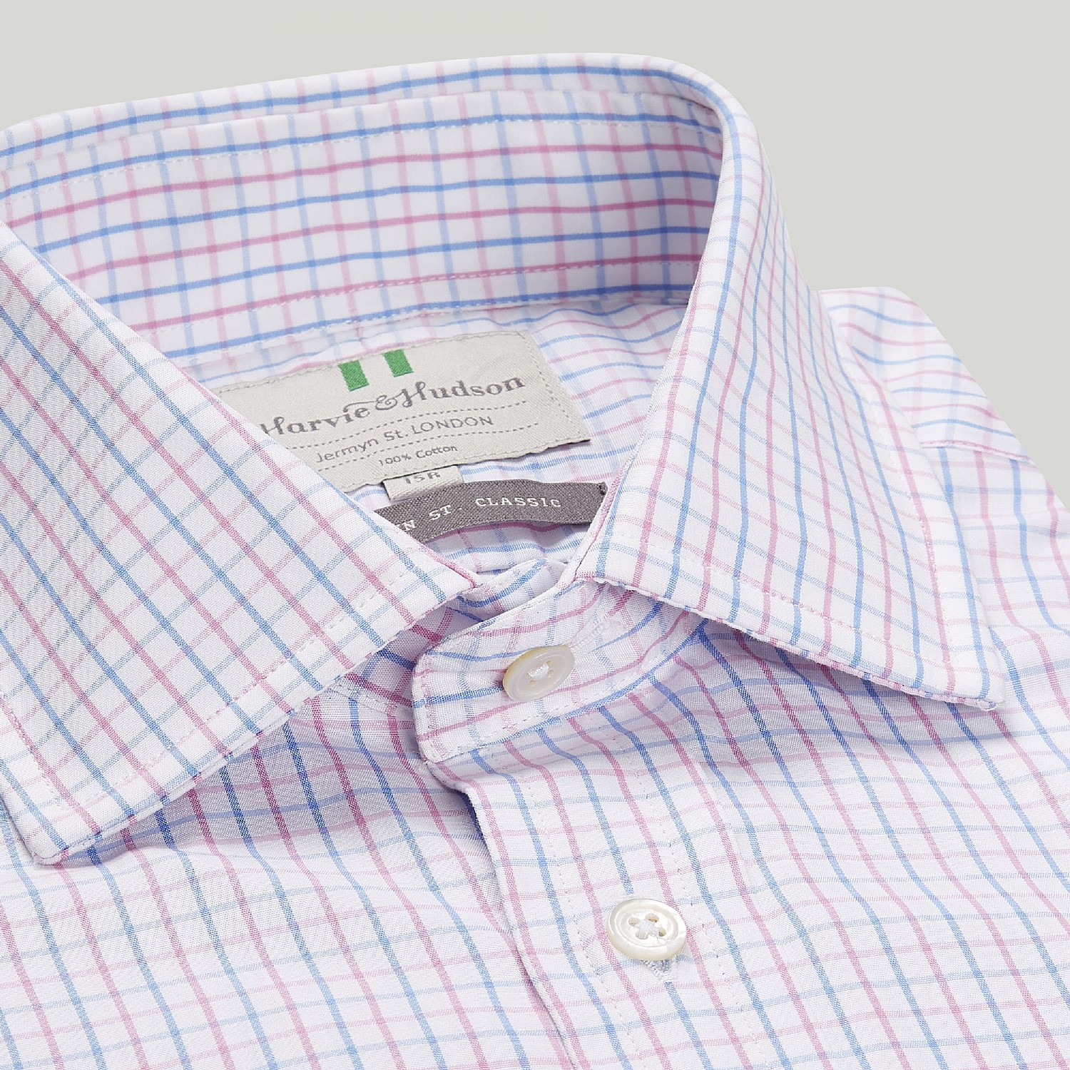 BLUE AND PINK CHECK BUTTON CUFF CLASSIC SHIRT