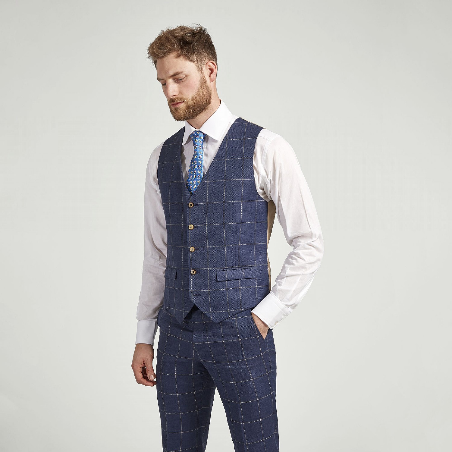 NAVY CHECK LINEN AND WOOL WAISTCOAT