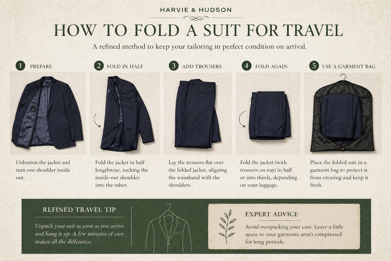 How to fold a suit for business travel by Harvie and Hudson