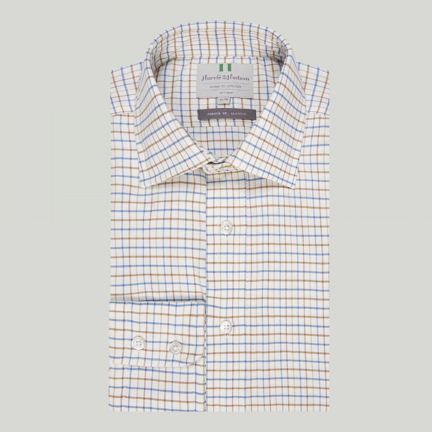 Blue and Brown Country Check Button Cuff Classic Shirt