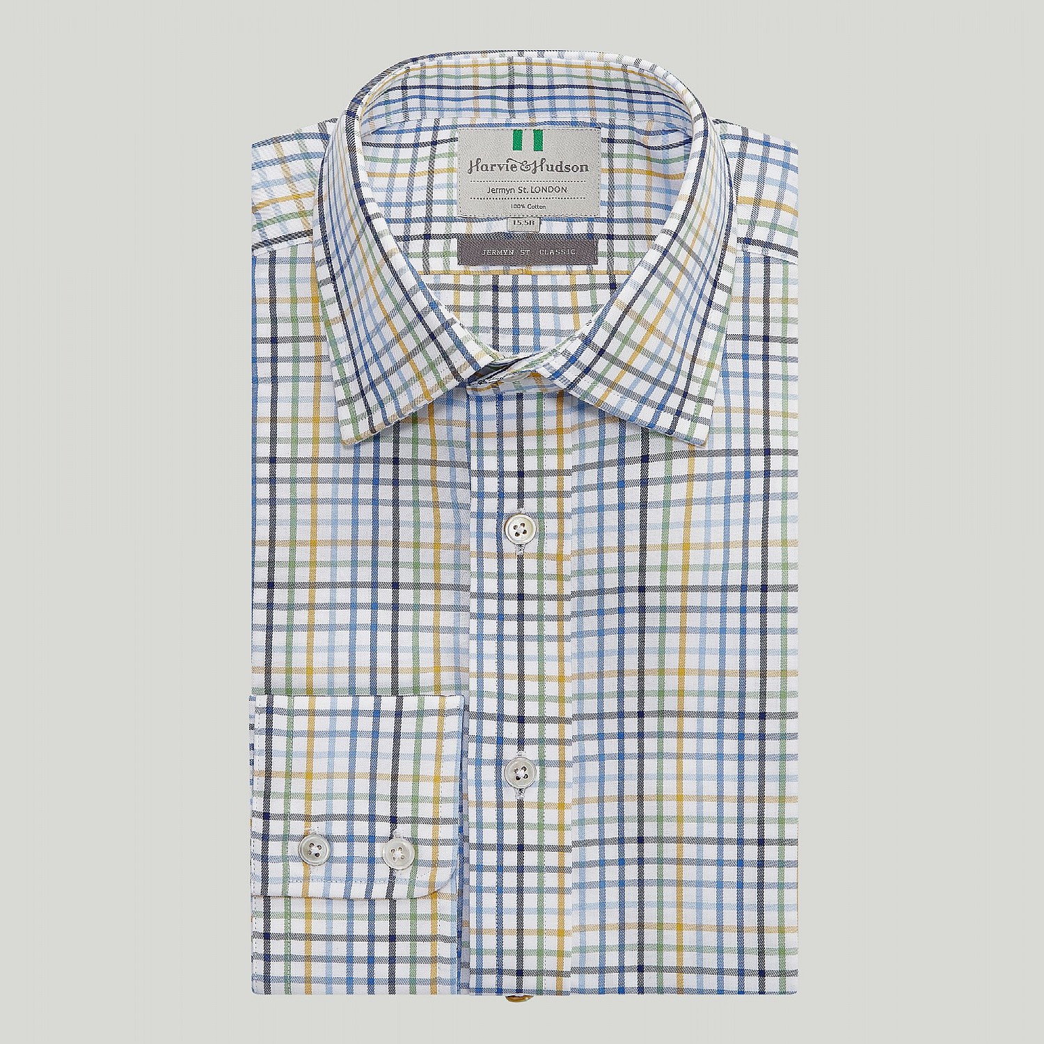 Blue And Gold Check Button Cuff Classic Fit Shirt