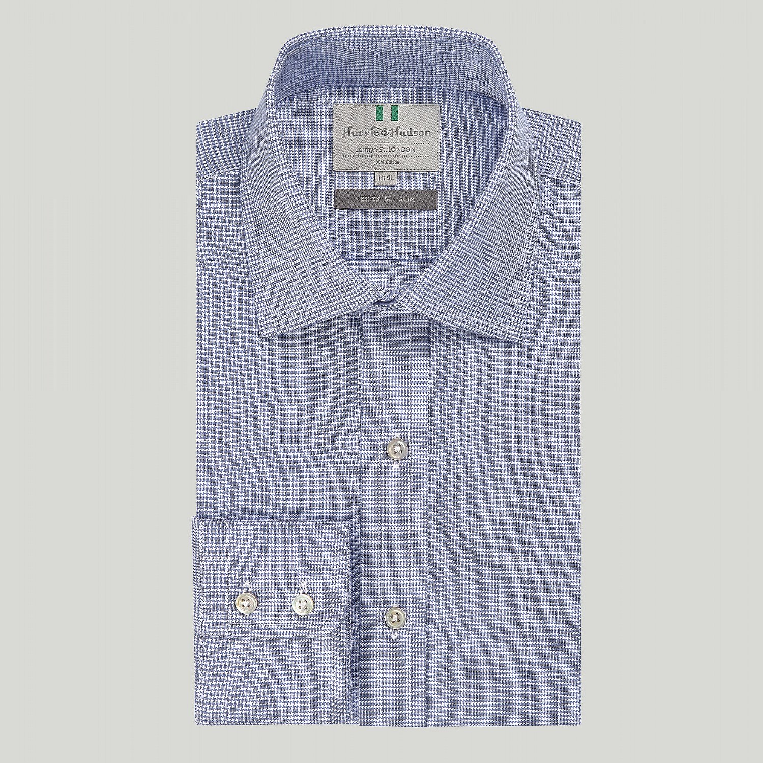 Men's Blue Houndstooth Check Button Cuff Slim Fit Shirt