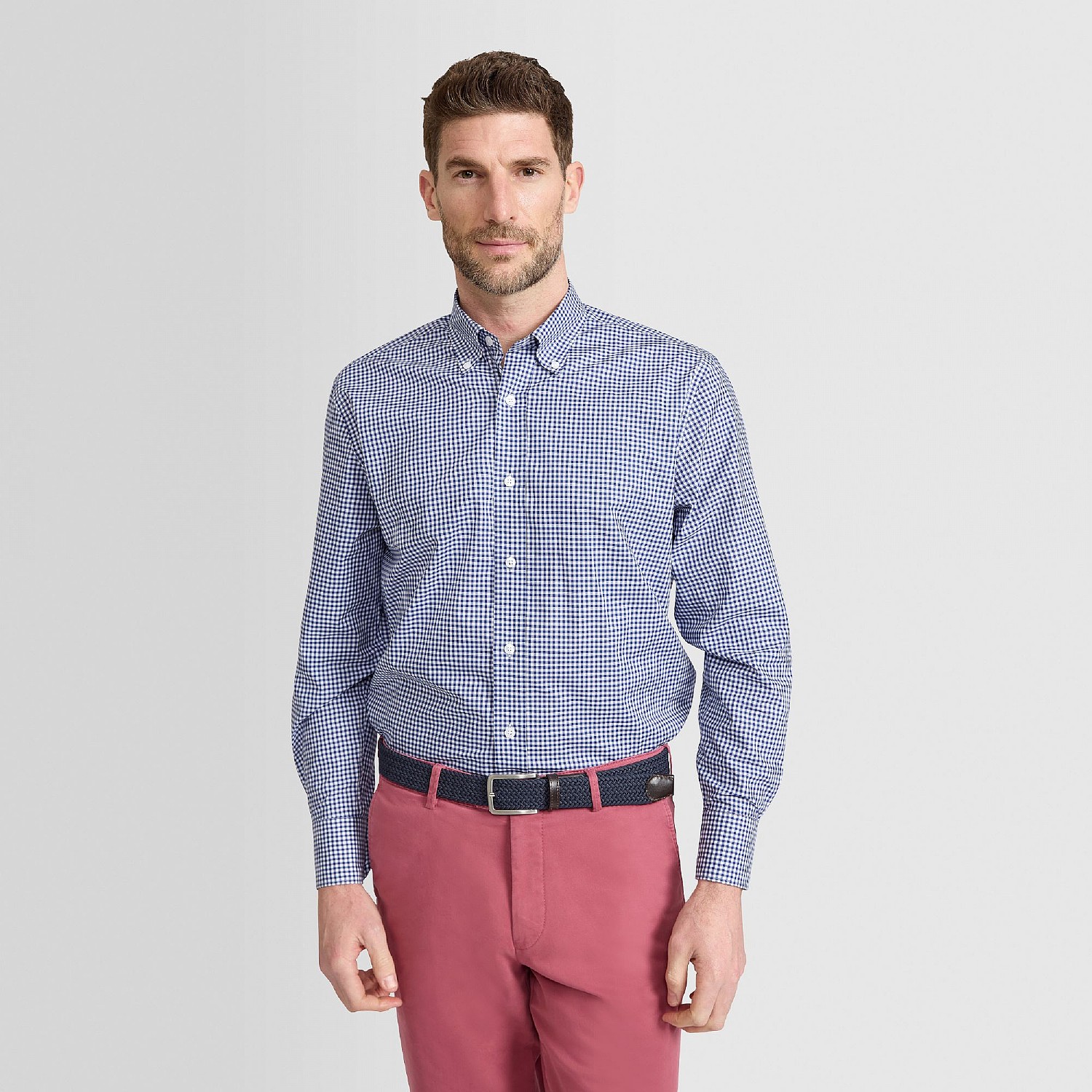 Navy gingham cotton button down shirt