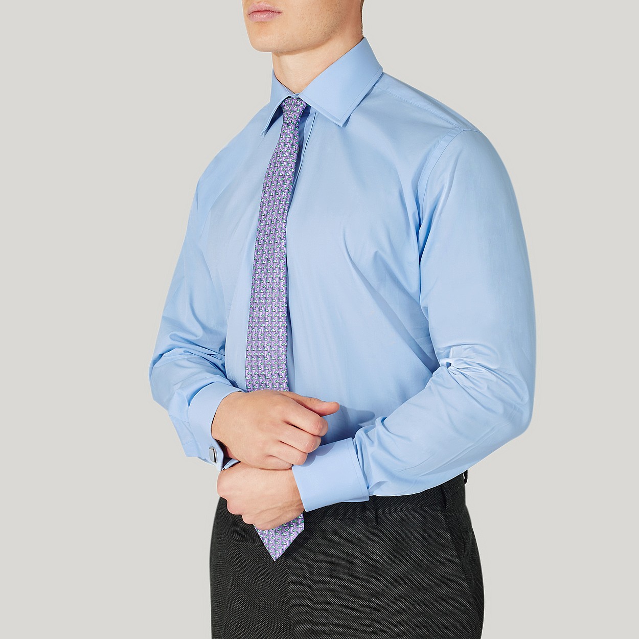 Double Cuff Shirt in a Plain Sky Blue Poplin Cotton Classic Collar