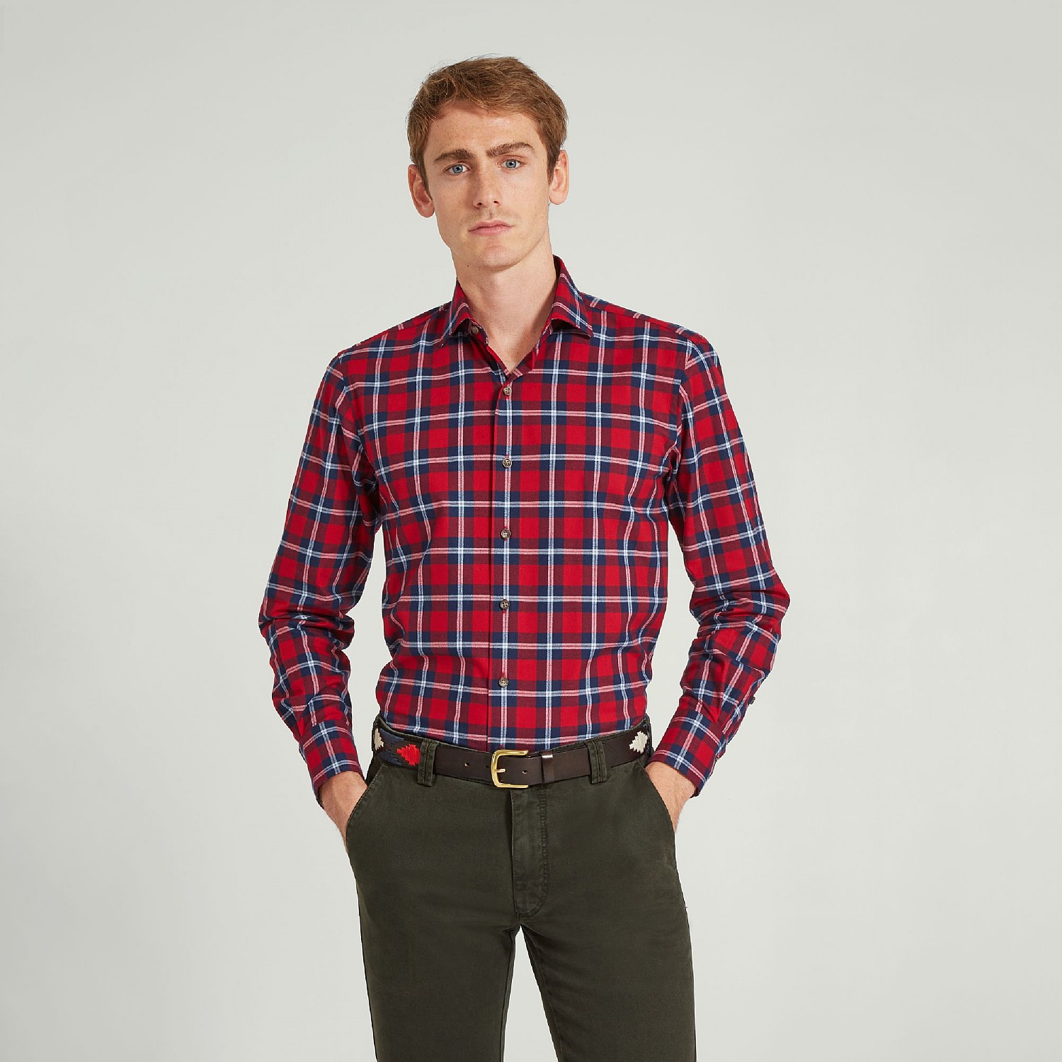 navy blue and red check shirt