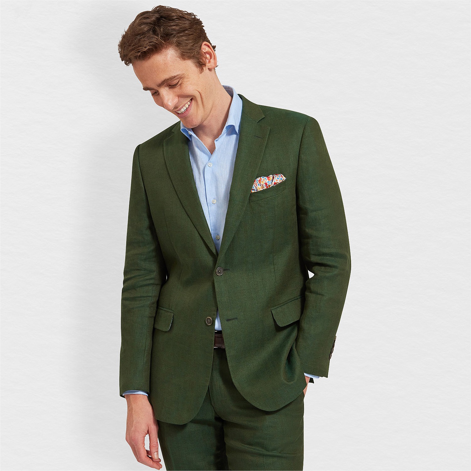 Dark green herringbone linen jacket for business casual style