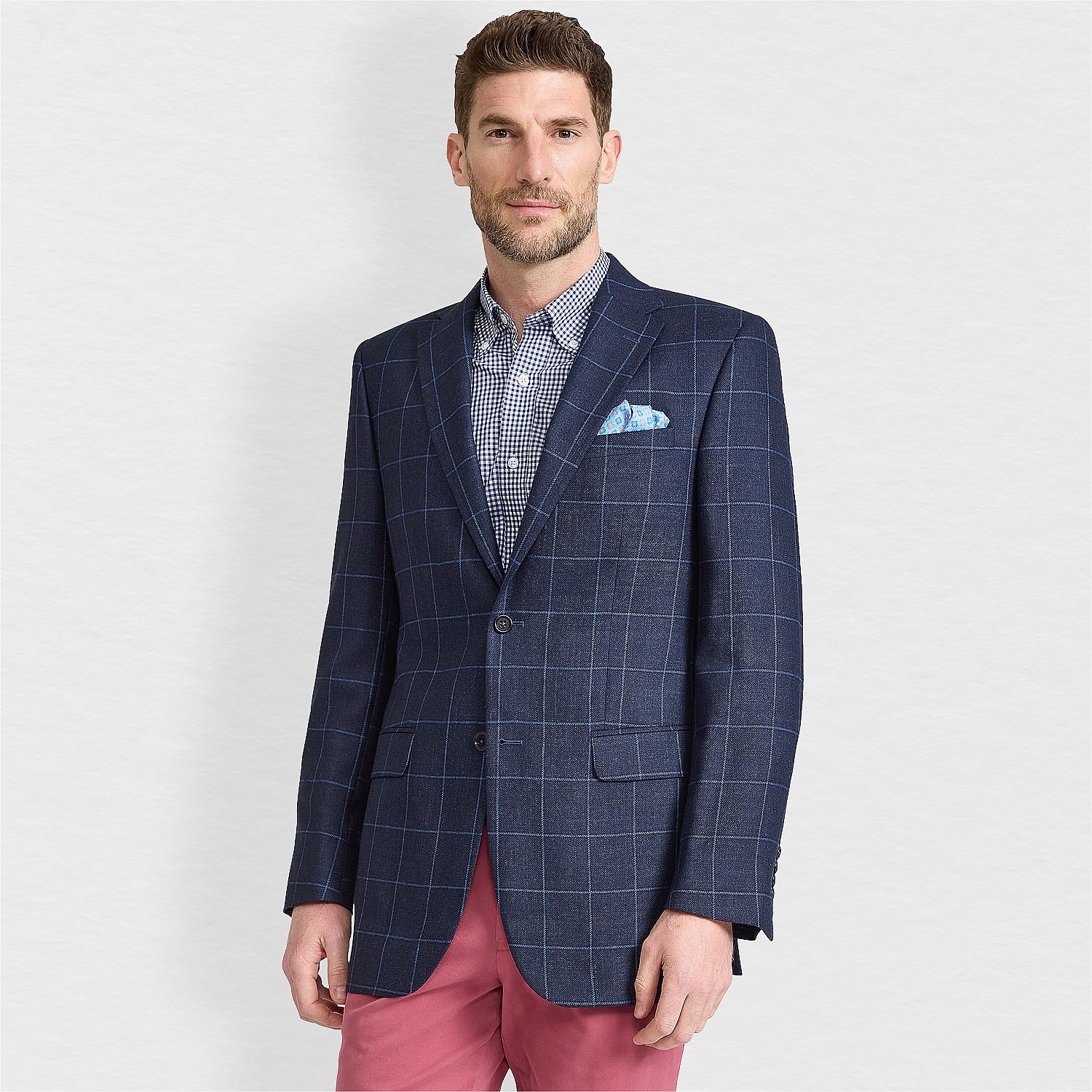 Navy blue check silk and wool jacket