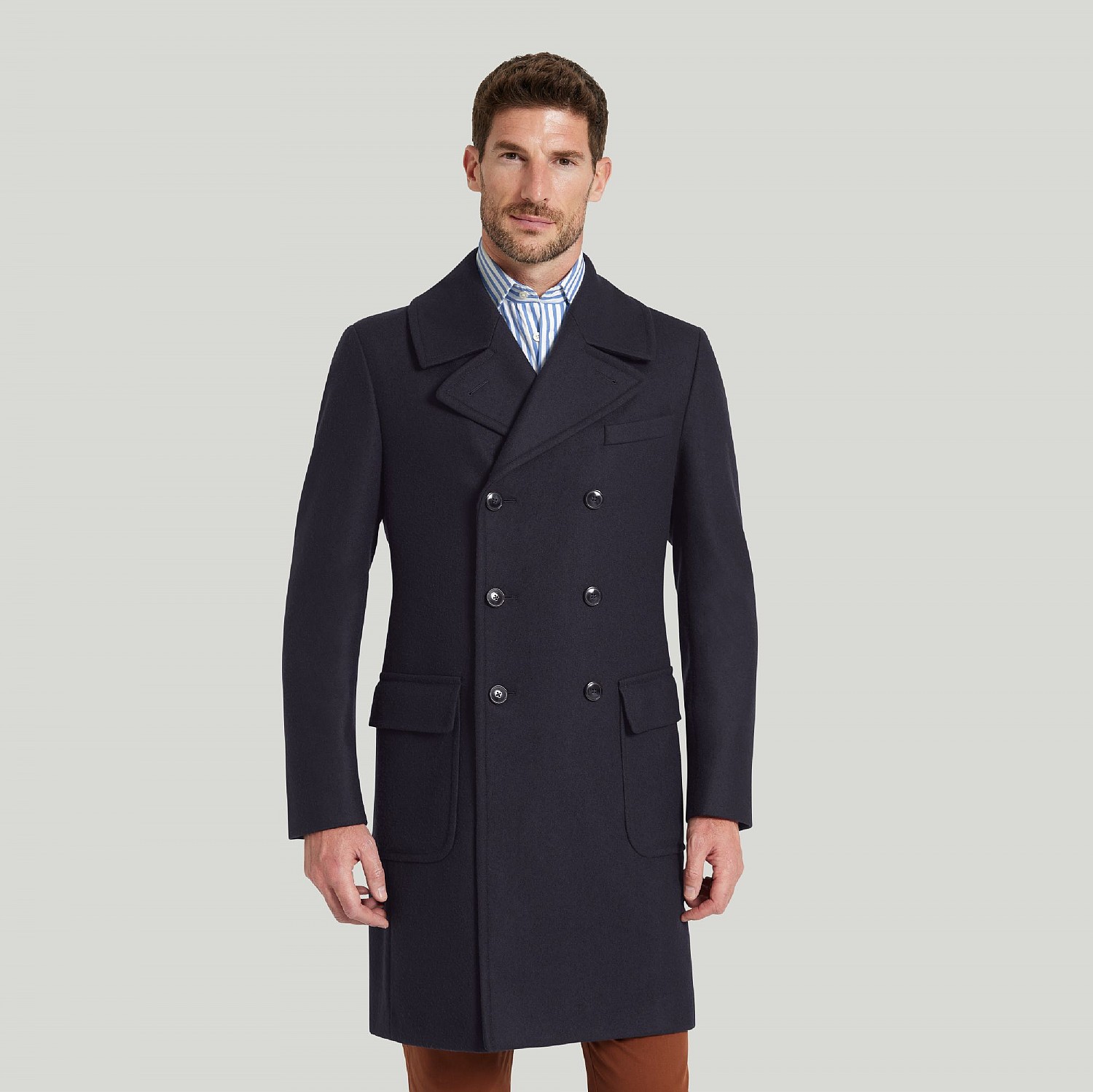 Navy double breasted wool coat for autumn style