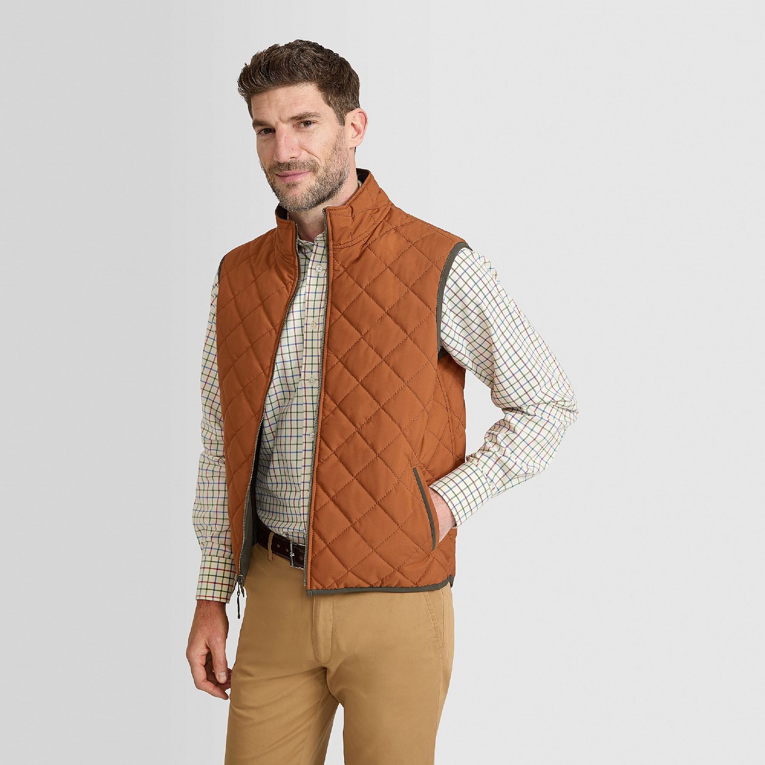 Olive and amber reversible padded gilet