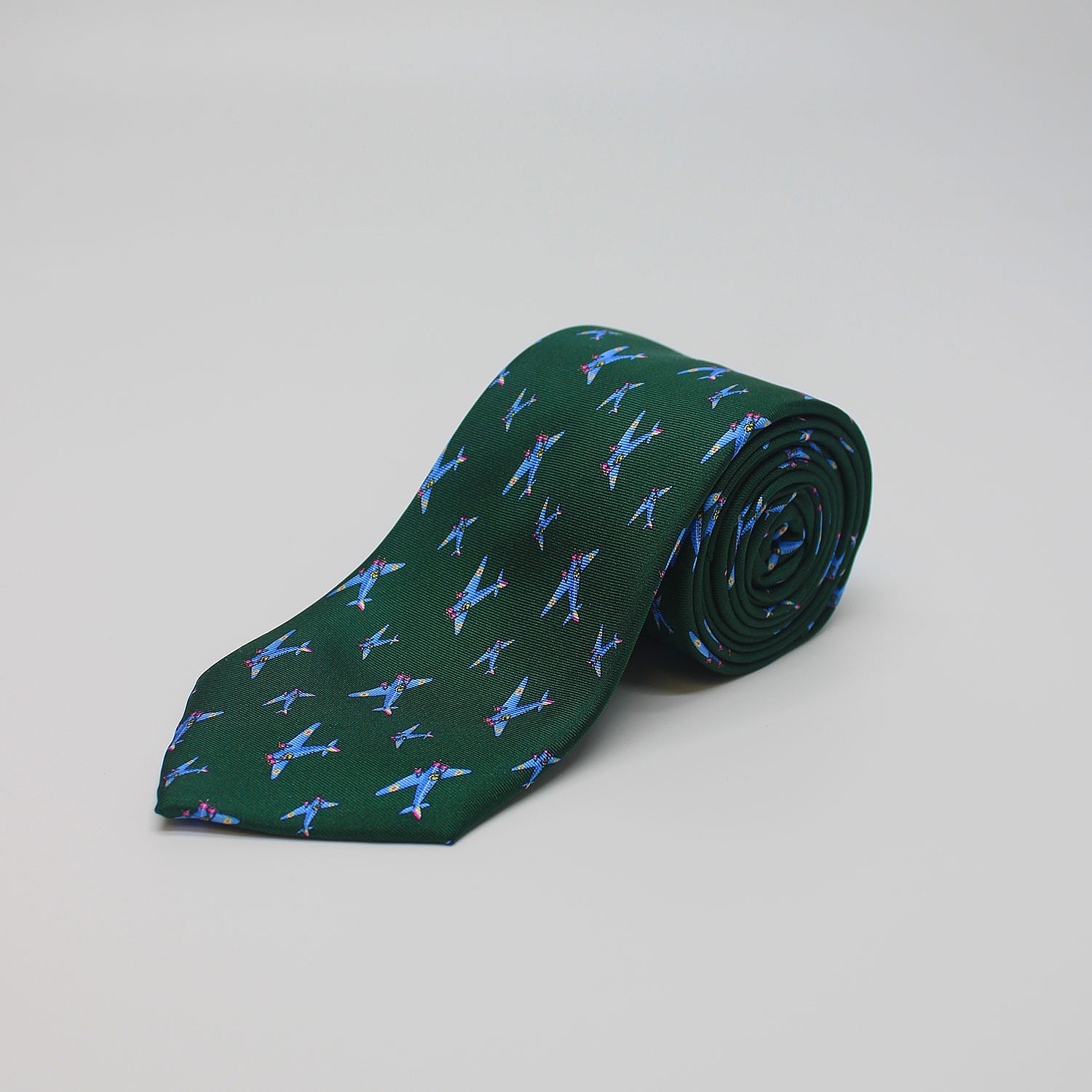 Dark Green Fighter Planes Printed Silk Tie