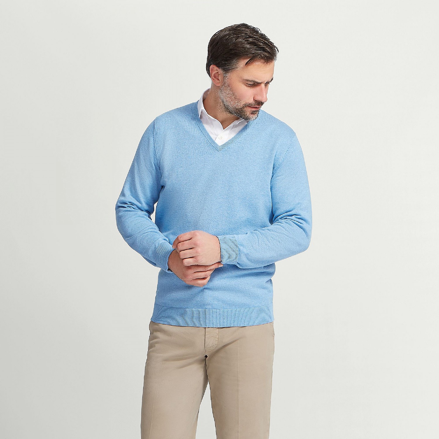 Pale Blue Cotton Cashmere V Neck Jumper