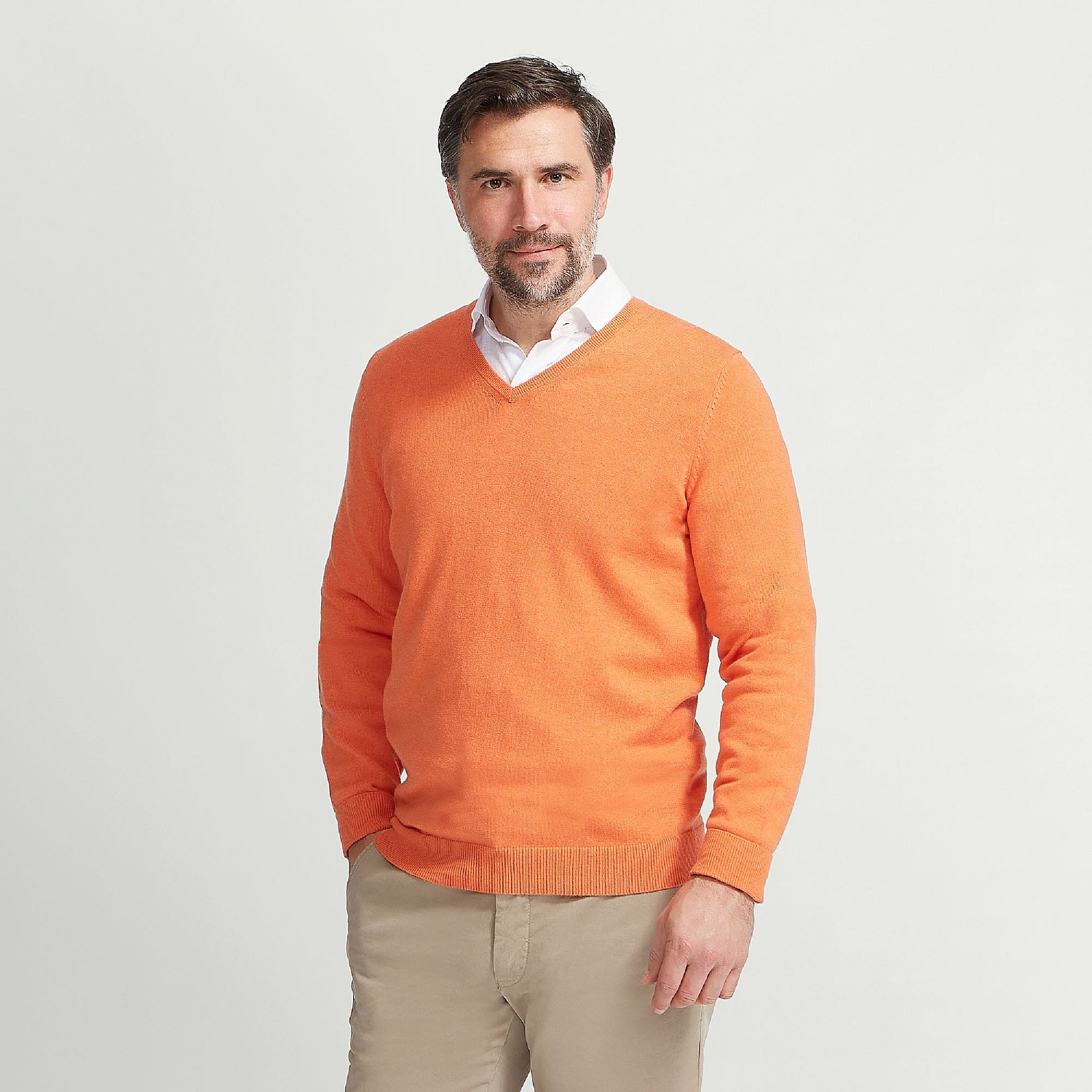 Men's Orange Cotton Cashmere V Neck Jumper