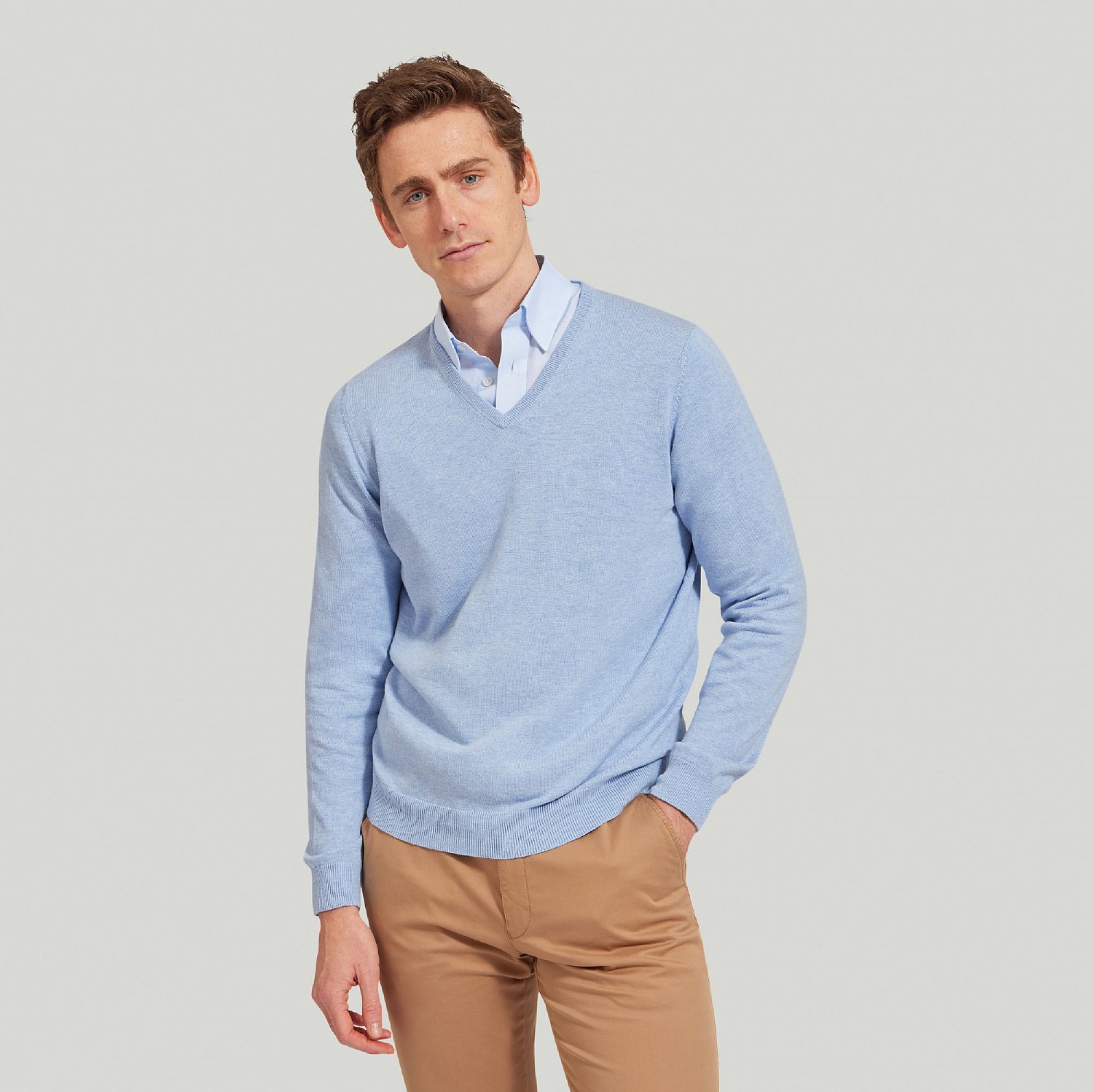 Men's Soft Blue Cotton Cashmere V Neck Jumper