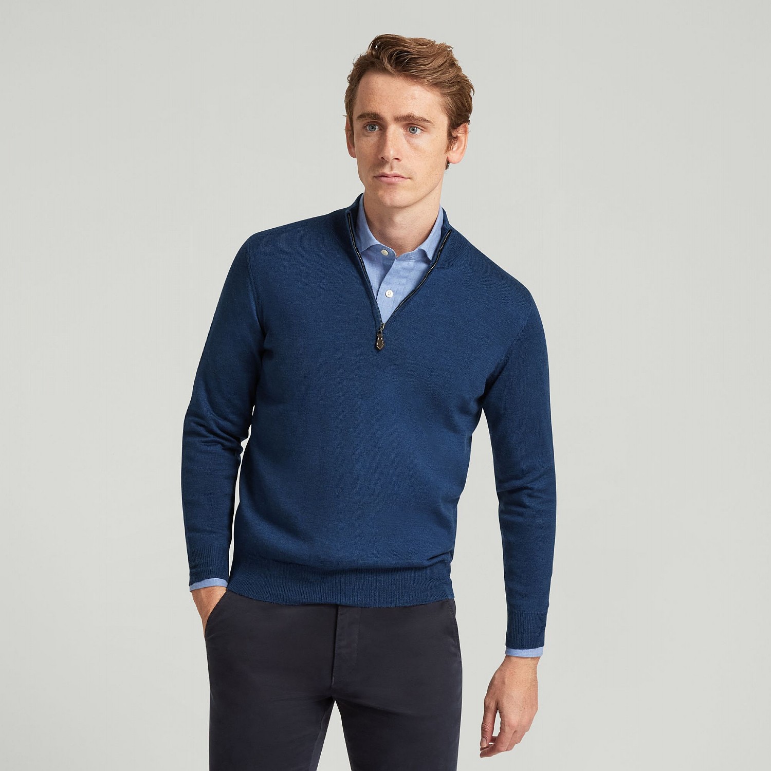 Azure Blue Zip Neck Merino Jumper
