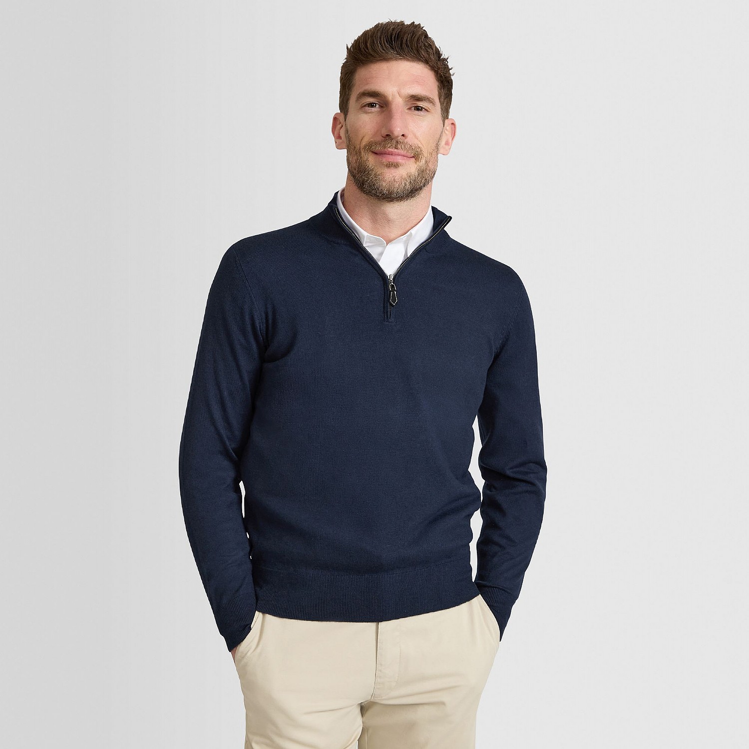 Dark Navy Cotton and Merino Zip Neck Jumper