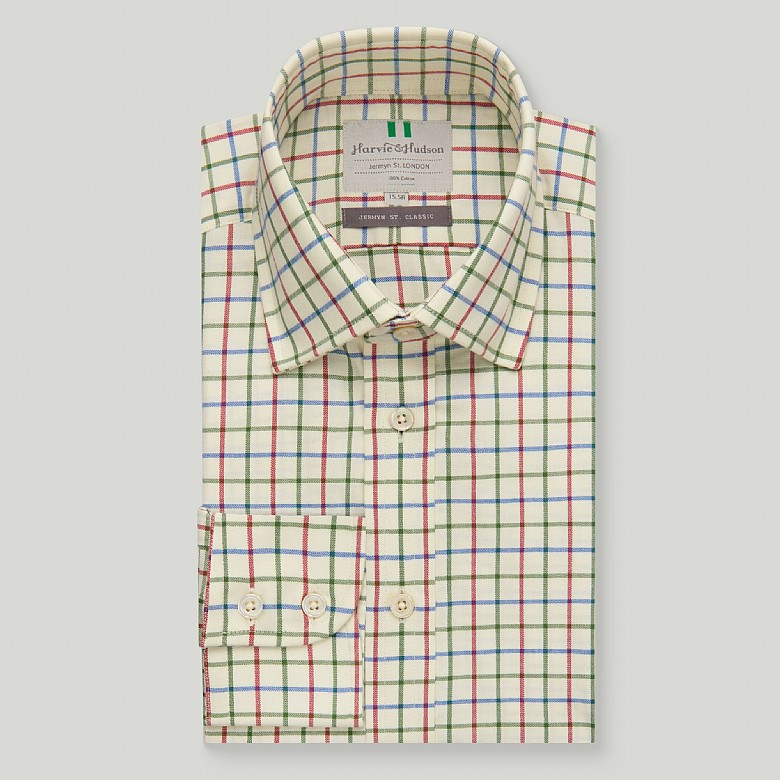 Mens Green and Red Check Tattersall Button Cuff Casual Cotton Shirt