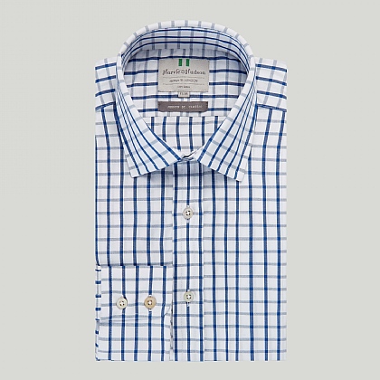 Navy Wide Check Button Cuff Classic Fit Shirt