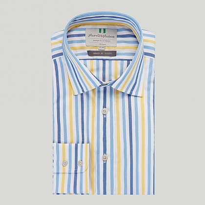 Blue and Yellow Stripe Button Cuff Classic Fit Shirt