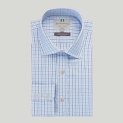 Blue and Navy Check Button Cuff Slim Fit Shirt