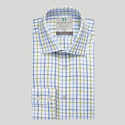 Blue and Olive Check Button Cuff Classic Fit Shirt
