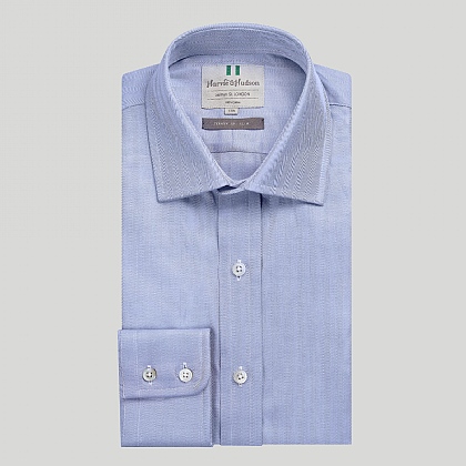 Blue Herringbone Button Cuff Slim Fit Shirt