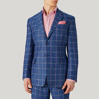 Indigo Blue and Pink Check Linen Jacket