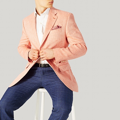 Salmon Red Herringbone Linen Jacket