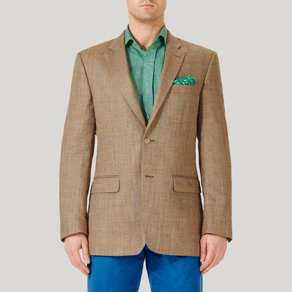 Sand and Blue Wool, Silk and Linen Check Jacket