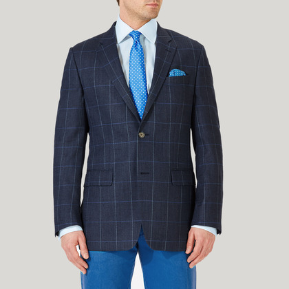 Navy and Blue Wool, Silk and Linen Check Jacket