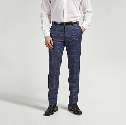 Navy Check Linen and Wool Trouser