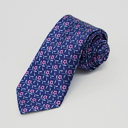 Navy and Pink Vine Woven Silk Tie