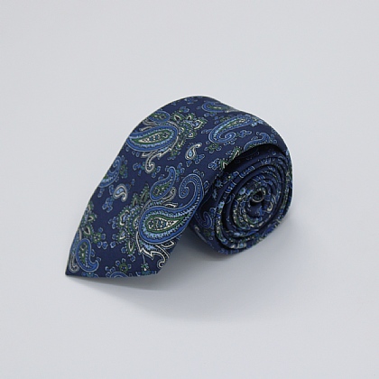 Navy and Green Paisley Printed Silk Tie
