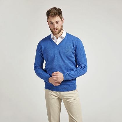 Blue Cotton Cashmere V-Neck Jumper