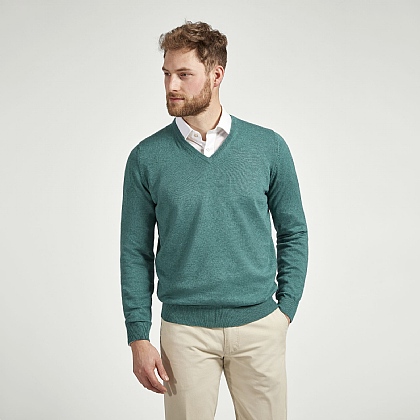 Green Cotton Cashmere V-Neck Jumper