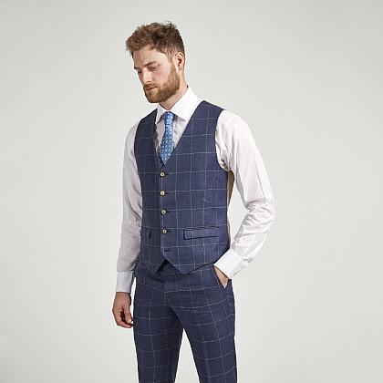Navy Check Linen and Wool Waistcoat
