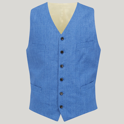 Blue Single Breasted Linen Waistcoat