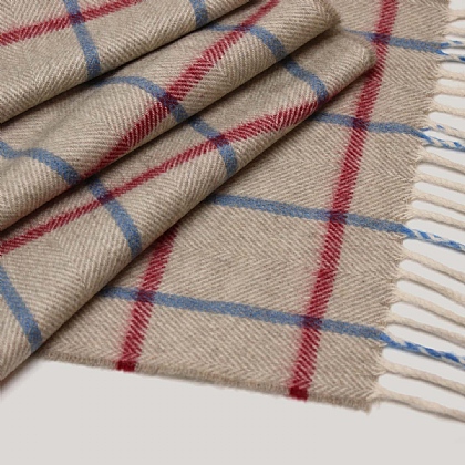 Beige and Red Check Scottish Pure Cashmere Scarf